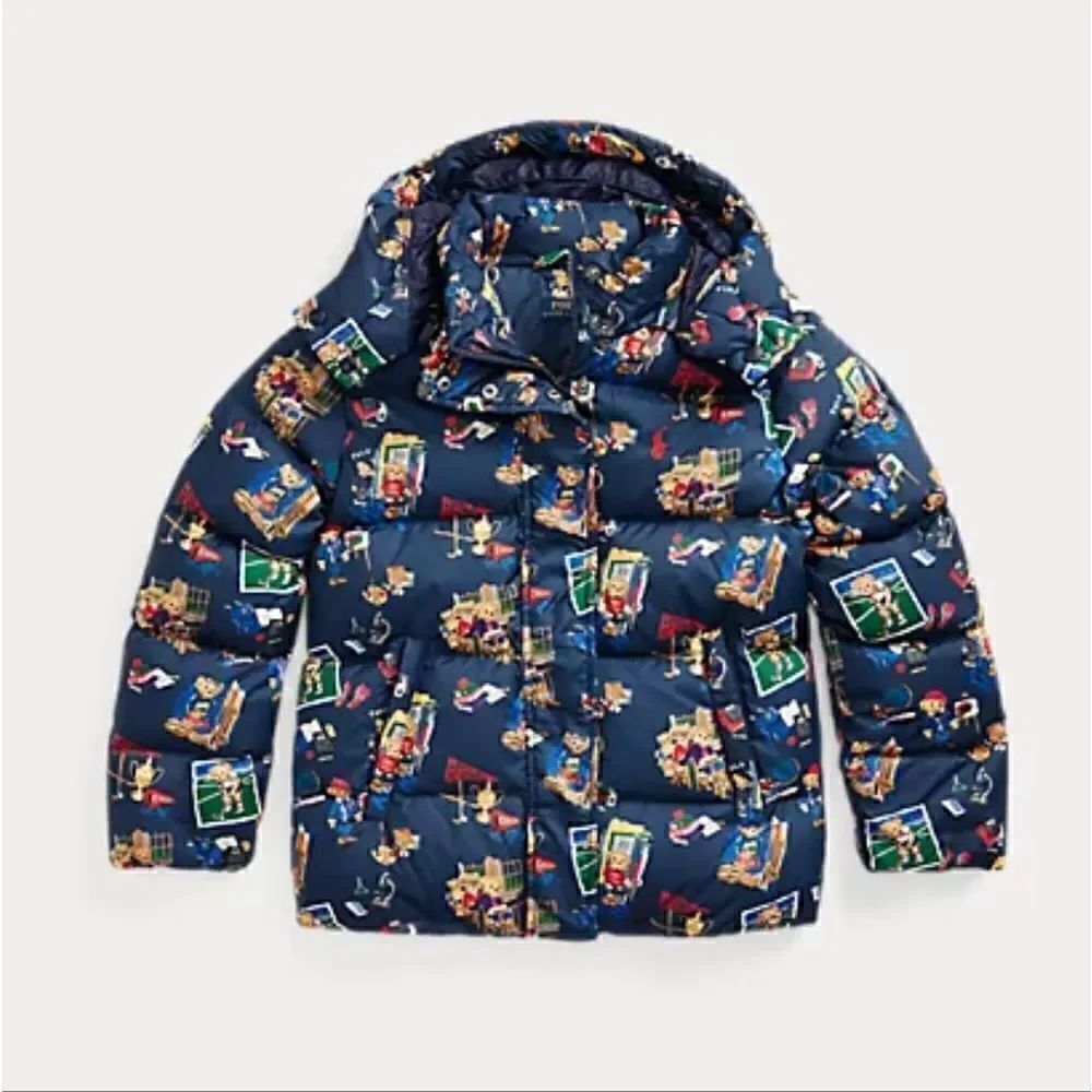 New Polo Bear Ralph Lauren Boy Water Repellent Navy Down Hood Pony Jacket